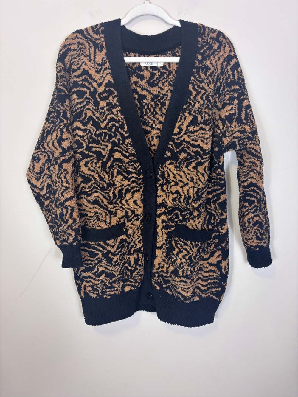 UGG Black & Brown Animal-Print Fuzzy Button Front Cardigan Sweater Medium
